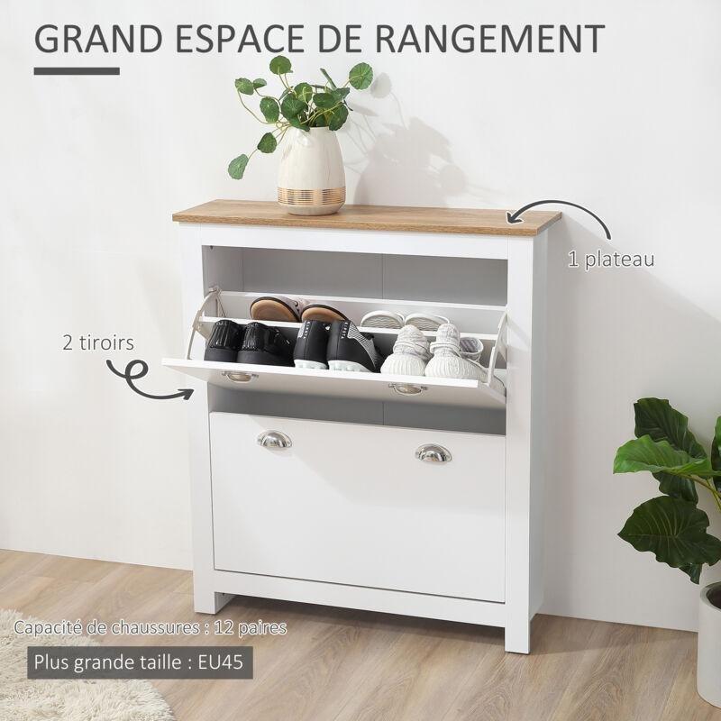 Beyaz ve Meşe MDF 2 Düşer Kapaklı Metal Kulplu Ayakkabılık - 79x23x91 cm - 119346