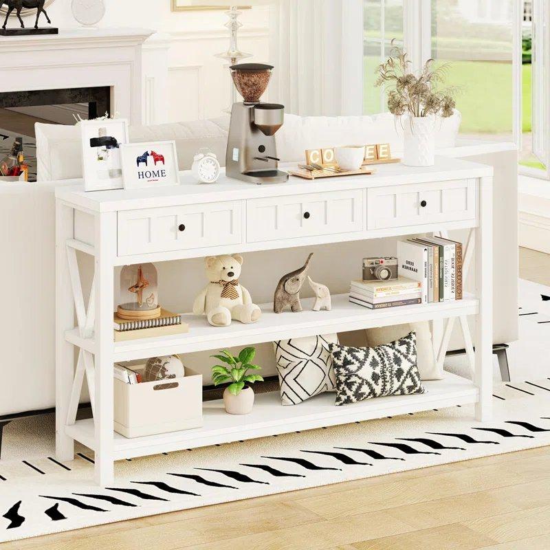 Beyaz ve Meşe Rengi MDF Çelik 3 Çekmeceli 3 Raflı Dresuar - 139x32x83 cm - 132827