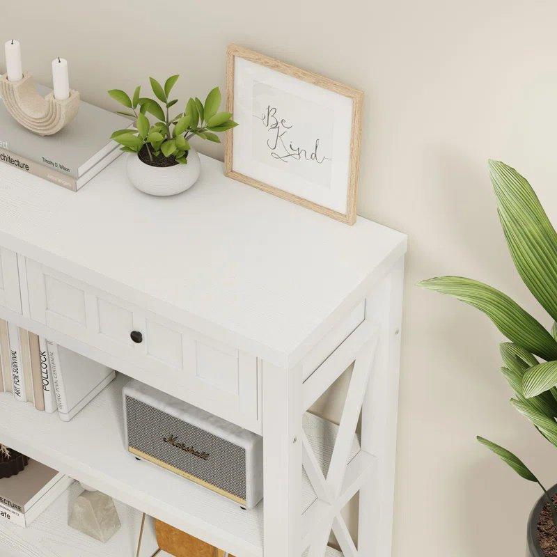 Beyaz ve Meşe Rengi MDF Çelik 3 Çekmeceli 3 Raflı Dresuar - 139x32x83 cm - 132827