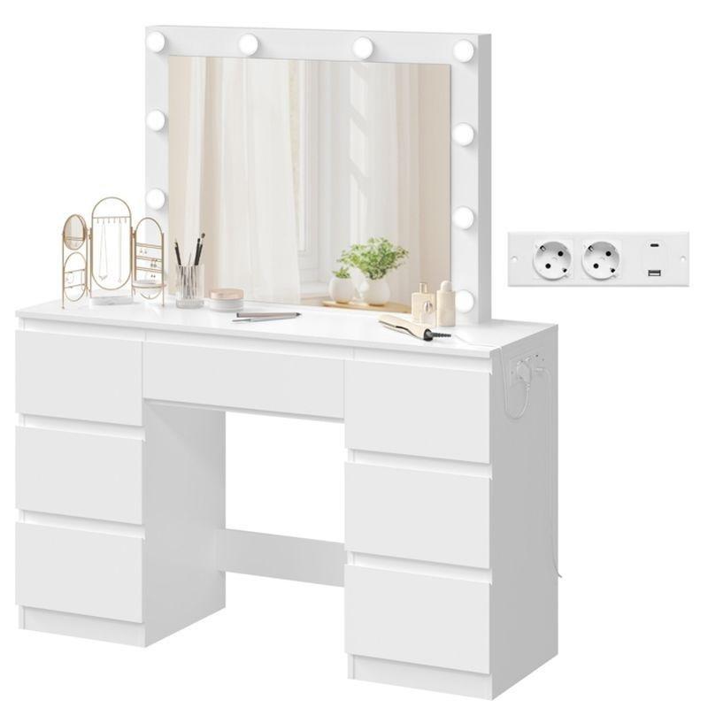 Beyaz Yonga Levha 7 Çekmeceli LED Işıklı ve Prizli Makyaj Masası - 110x40x141 cm - 122305