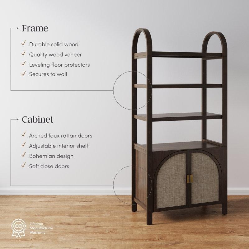 Bohem Masif Ahşap Çerçeveli Rattan Detaylı Kapaklı 3 Raflı Kitaplık - 181x87 cm - 141340