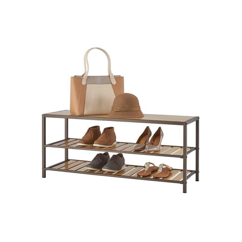 Bronz Antrasit Metal ve Bambu 2 Raflı Oturaklı Ayakkabılık Bench - 107x36x46 cm - 120610