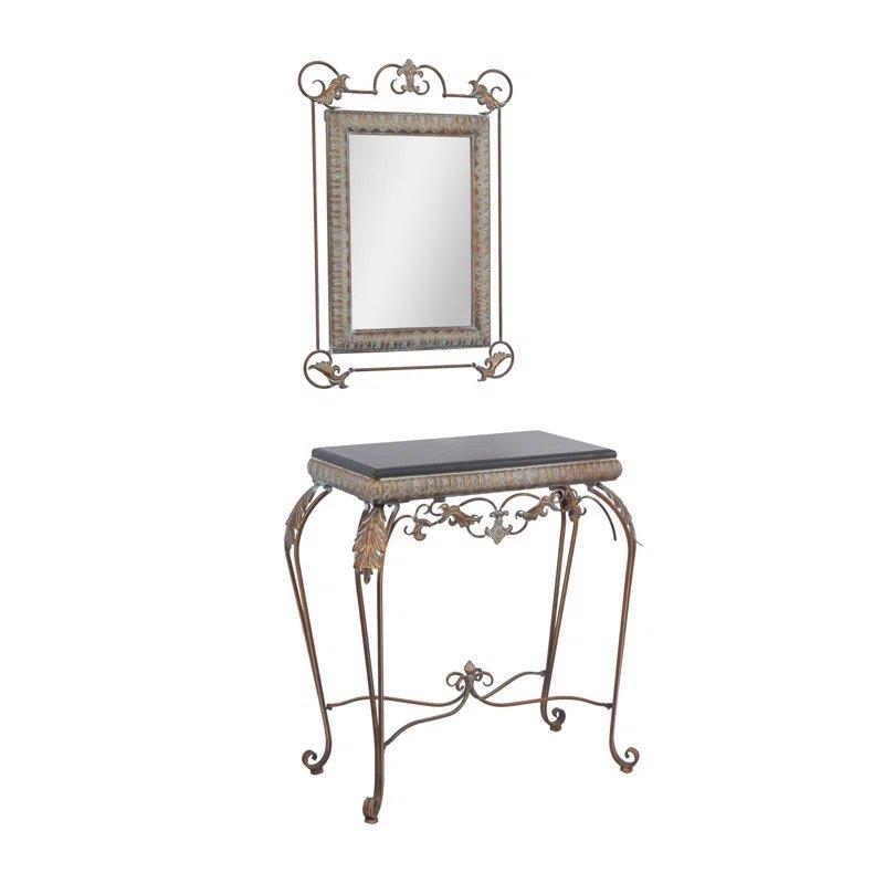 Bronz Siyah Metal ve Ahşap Oymalı Klasik Tasarım Aynalı Dresuar - 82x41x80 cm - 132203