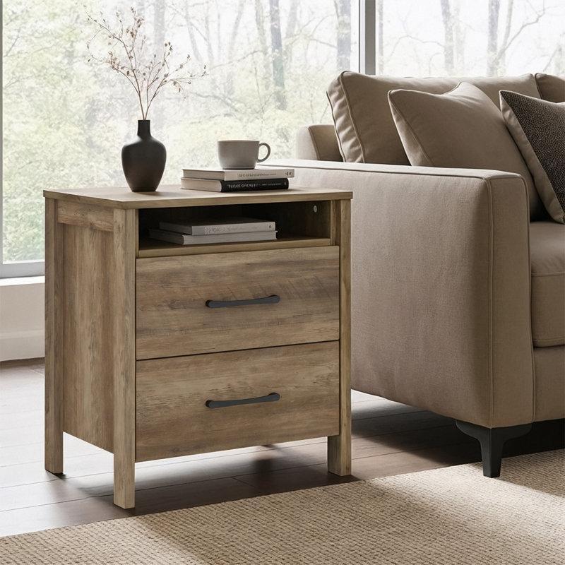 Budaklı Meşe Endüstriyel Ahşap 2 Çekmeceli ve Raflı Komodin - 58x54 cm - 127595