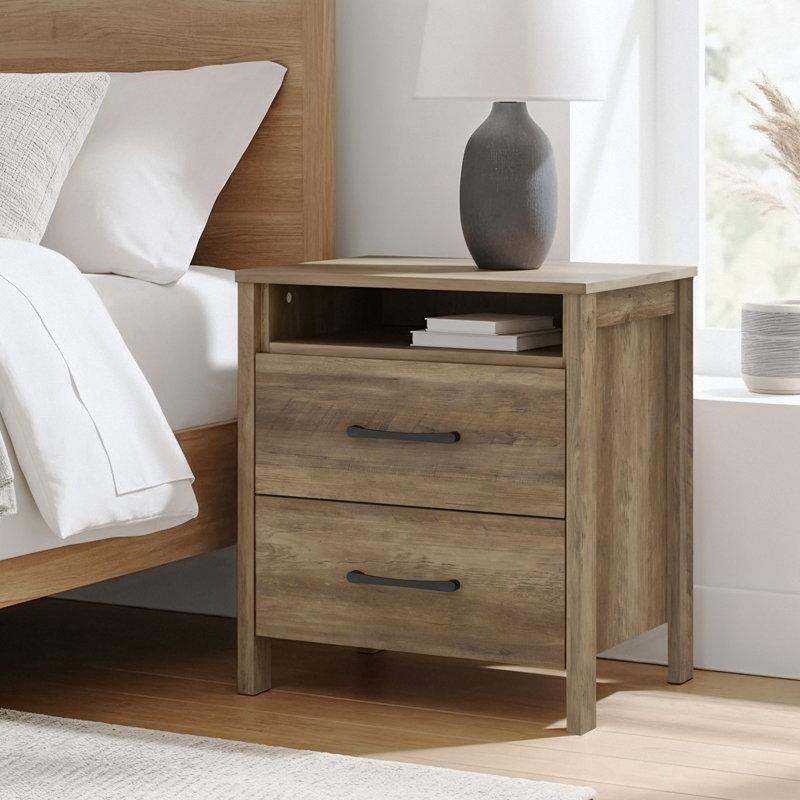 Budaklı Meşe Endüstriyel Ahşap 2 Çekmeceli ve Raflı Komodin - 58x54 cm - 127595