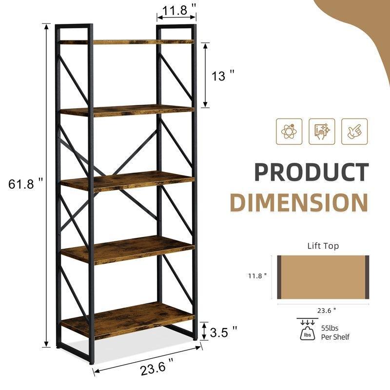 Çelik İskeletli Endüstriyel Ahşap 5 Raflı Kitaplık - 158x60x30 cm - 141742