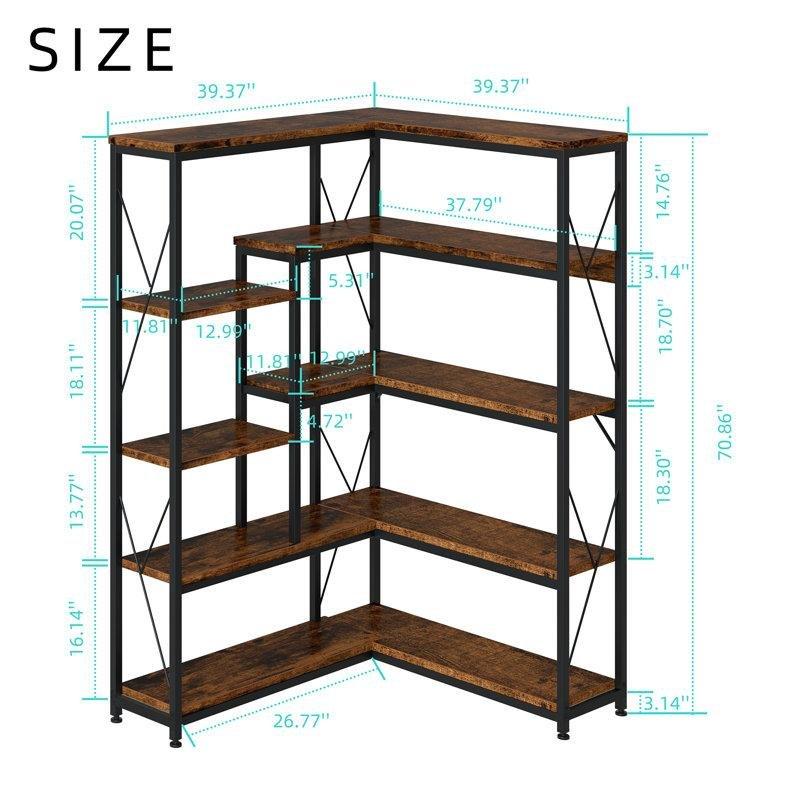 Çelik İskeletli Endüstriyel Ahşap 7 Raflı L Tipi Köşe Kitaplık - 180x100x30 cm - 141841