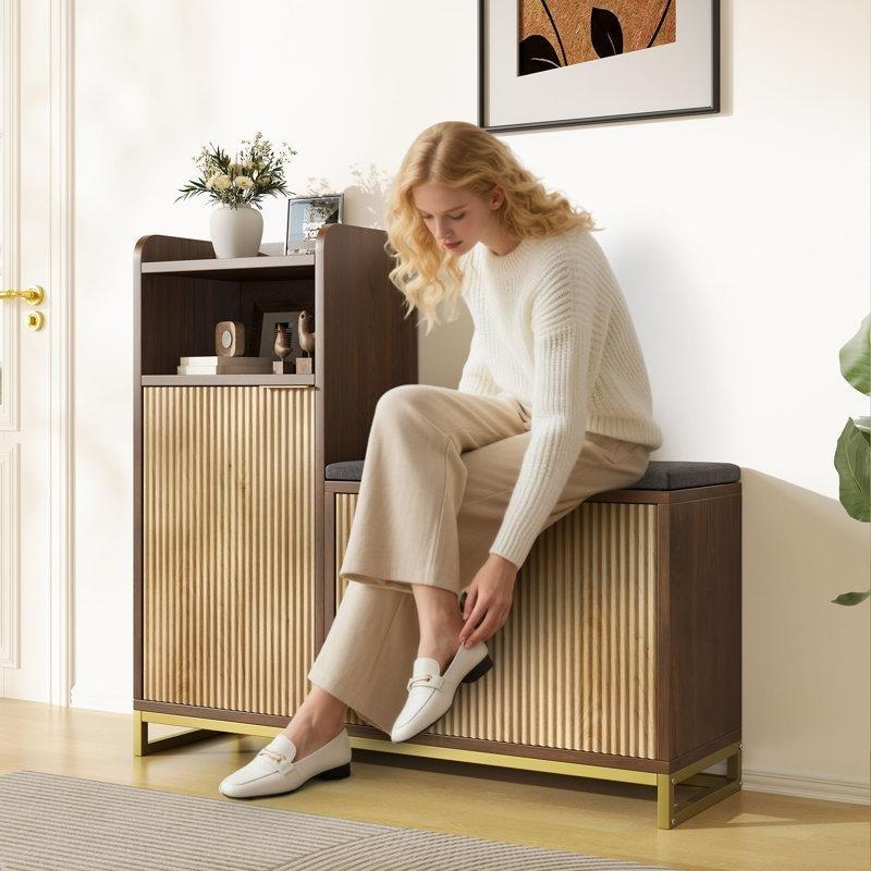 Ceviz Ahşap Gold Metal Ayaklı Minderli Düşer Kapaklı L Tipi Ayakkabılık Bench - 100x30 cm - 120649