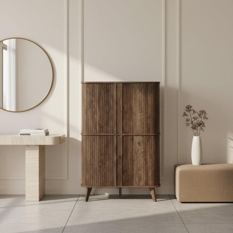 Ceviz Ahşap Yivli Sürgülü Kapaklı Ayakkabılık - 86x124 cm - 120961