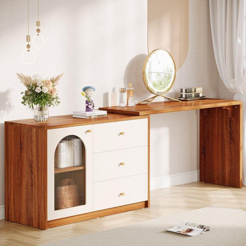 Ceviz Beyaz MDF L Tipi Köşe Tasarımlı Çekmeceli ve Dolaplı Makyaj Masası - 210 cm - 121576