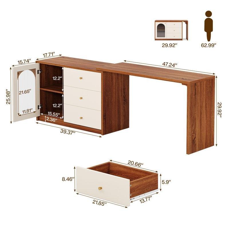 Ceviz Beyaz MDF L Tipi Köşe Tasarımlı Çekmeceli ve Dolaplı Makyaj Masası - 210 cm - 121576