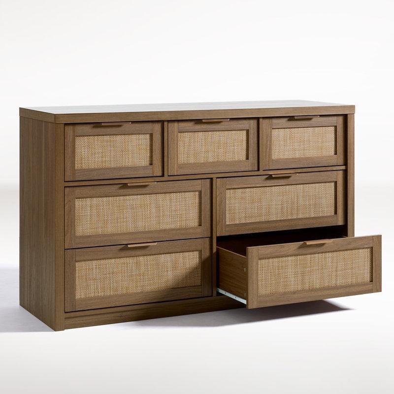 Ceviz Doğal Hasır ve MDF Malzeme 7 Çekmeceli Rose Gold Kulplu Şifonyer - 134x45x81 cm - 122959