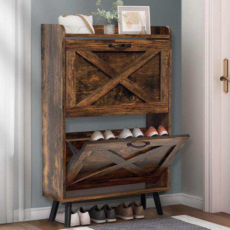 Ceviz Endüstriyel Ahşap 2 Düşer Kapaklı X Desenli Ayakkabılık - 60x18x88 cm - 120775