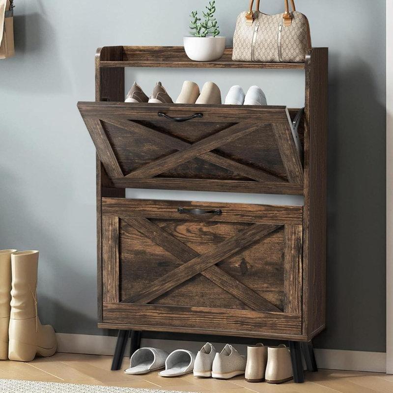 Ceviz Endüstriyel Ahşap 2 Düşer Kapaklı X Desenli Ayakkabılık - 60x18x88 cm - 120775