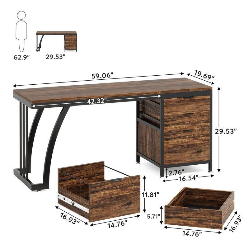 Ceviz Endüstriyel Ahşap 3 Çekmeceli Ters Çevrilebilir Dolaplı Bilgisayar Masası-151x50x75 cm - 116973