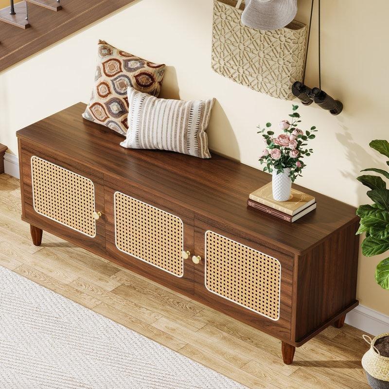 Ceviz Endüstriyel Ahşap Hasır Detaylı 3 Kapaklı Gizli Bölmeli Ayakkabılık Bench - 140x38x52 cm - 120550