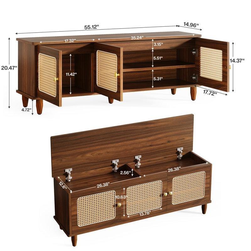 Ceviz Endüstriyel Ahşap Hasır Detaylı 3 Kapaklı Gizli Bölmeli Ayakkabılık Bench - 140x38x52 cm - 120550