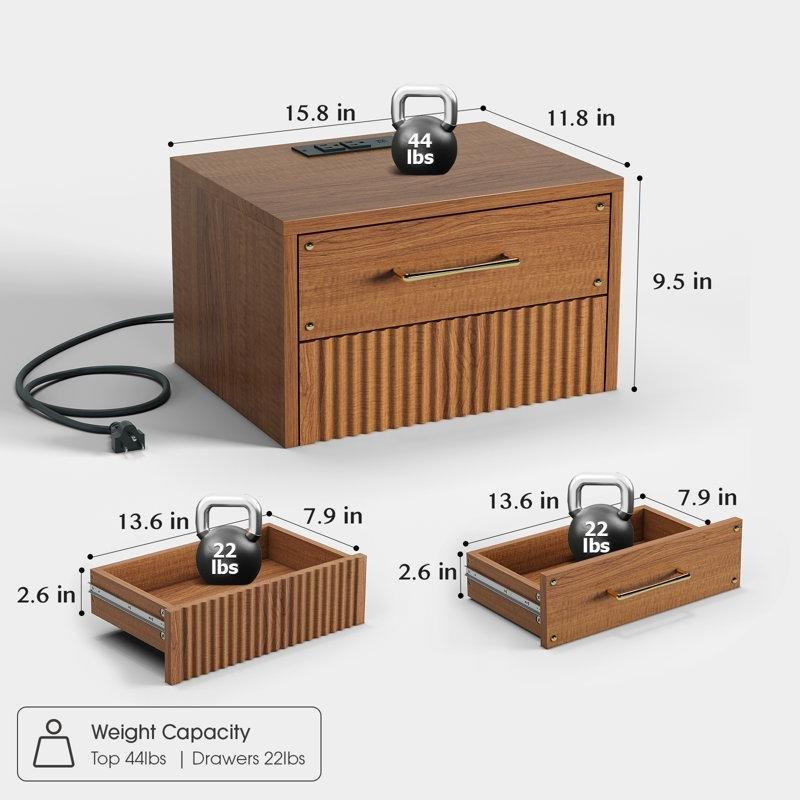 Ceviz Endüstriyel Ahşap Şarj İstasyonlu Yivli Tasarım Duvara Monte İkili Komodin Seti - 40x30 cm - 127334
