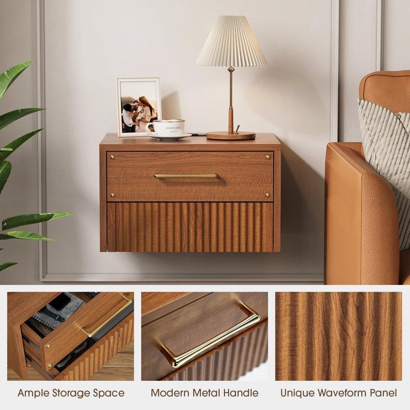 Ceviz Endüstriyel Ahşap Şarj İstasyonlu Yivli Tasarım Duvara Monte İkili Komodin Seti - 40x30 cm - 127334