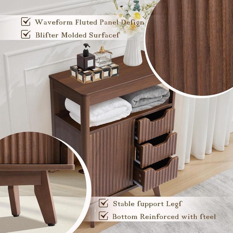 Ceviz Endüstriyel Ahşap Yivli Sürgülü Kapaklı Raf Ayarlı Ceviz Banyo Dolabı-59x30x79 cm - 114067