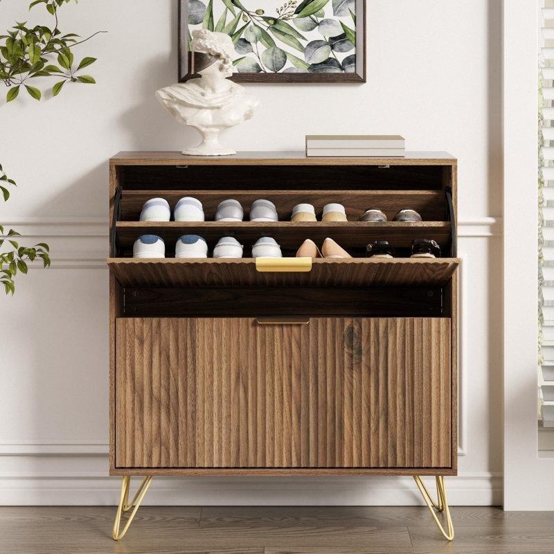 Ceviz Endüstriyel Ahşap Yivli Tasarım Gold Detaylı Düşer Kapaklı Ayakkabılık - 80x24x88 cm - 120862