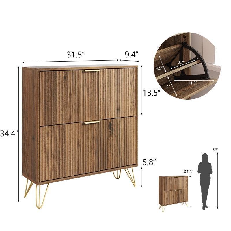 Ceviz Endüstriyel Ahşap Yivli Tasarım Gold Detaylı Düşer Kapaklı Ayakkabılık - 80x24x88 cm - 120862