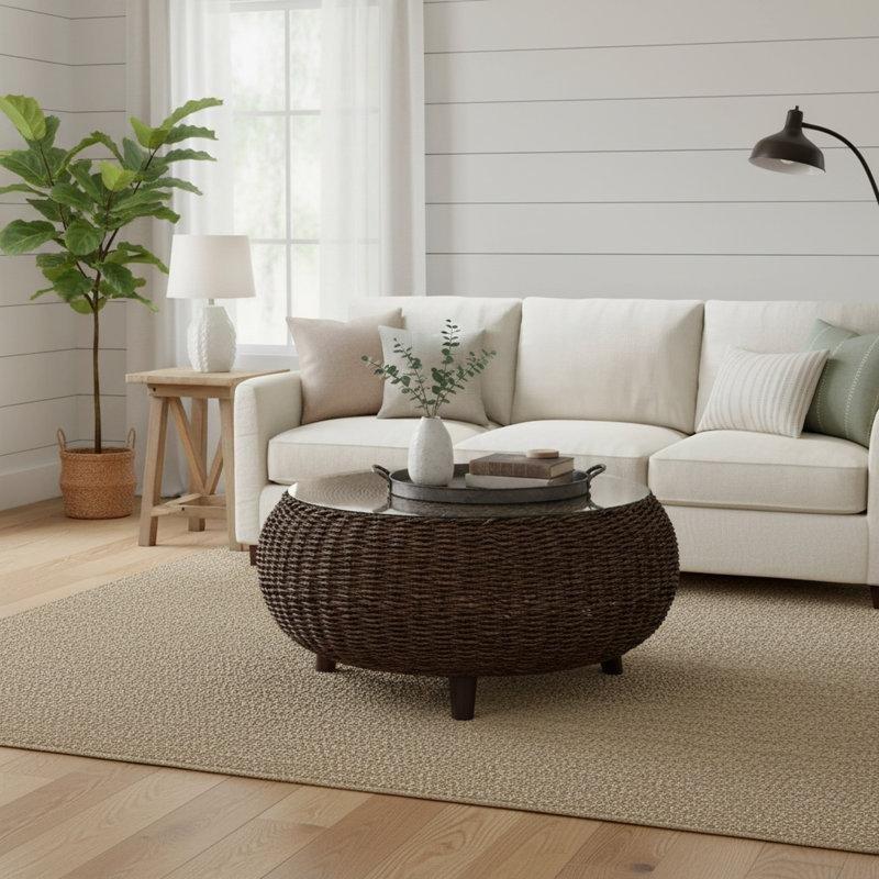 Ceviz Hasır Temperli Cam Üstlü Hasır Cam Sehpa-80x80x41 cm - 117546