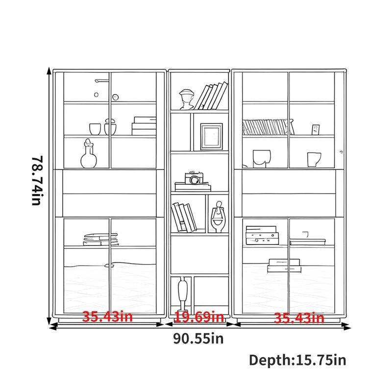 Ceviz Masif Ahşap 18 Raflı Çekmeceli Kapaklı Kitaplık - 230x200x40 cm - 141100