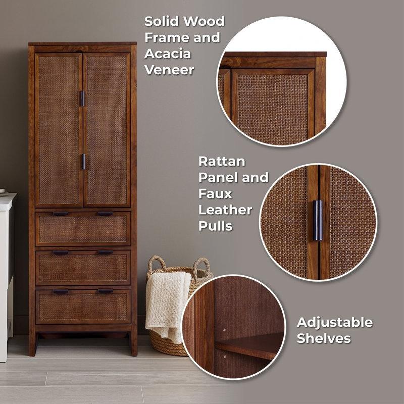 Ceviz Masif Ahşap Ayarlanabilir Raflı Hasır Banyo Dolabı-41x61x165 cm - 114196