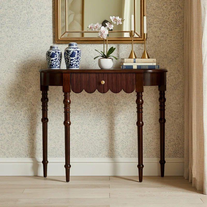 Ceviz Masif Ahşap Çekmeceli Oval Dresuar - 100x28x85 cm - 132218