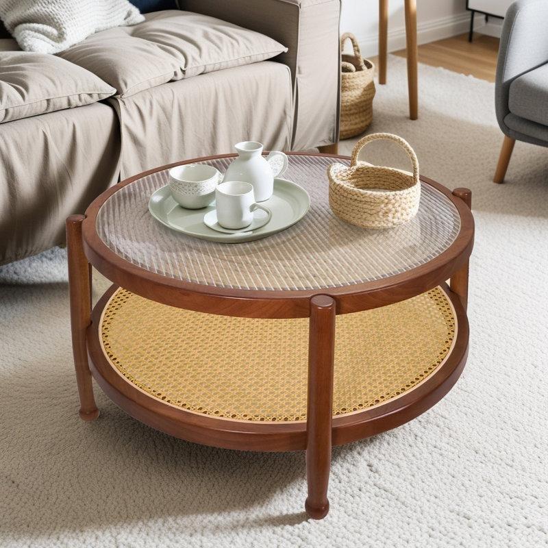 Ceviz Masif Ahşap İki Katlı Hasır Cam Sehpa-88x88x44 cm - 117660