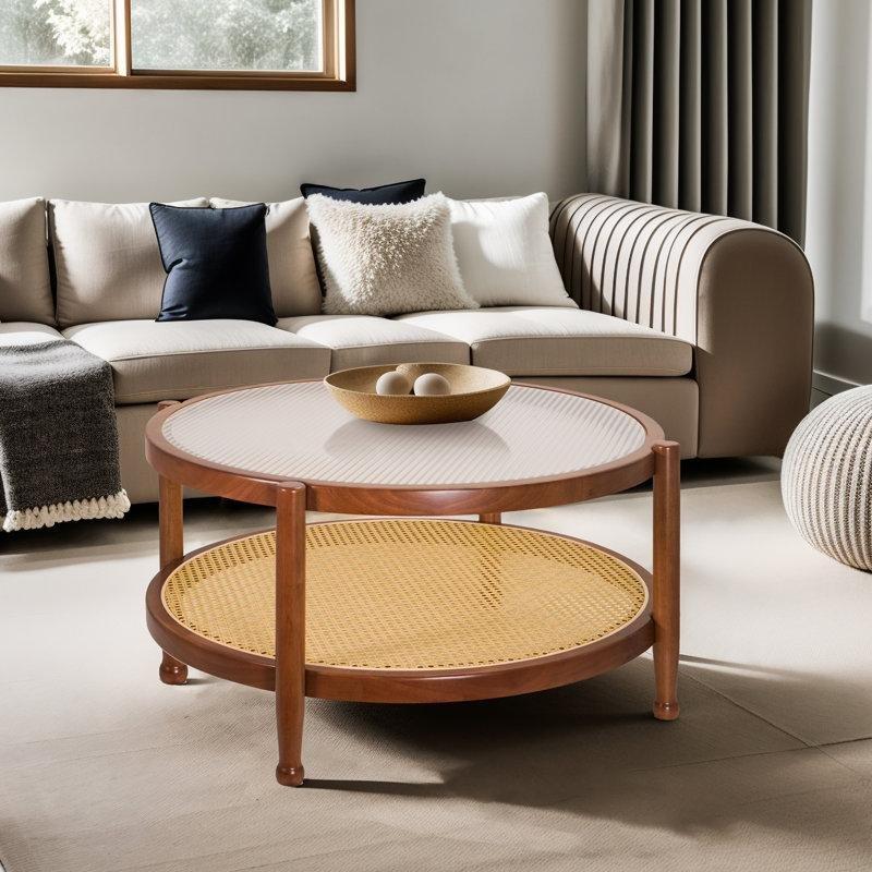 Ceviz Masif Ahşap İki Katlı Hasır Cam Sehpa-88x88x44 cm - 117660