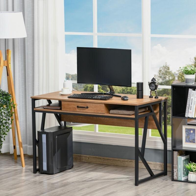 Ceviz MDF Melamin Kaplama Çekmeceli Raflı Bilgisayar Masası-120x60x76 cm - 115366