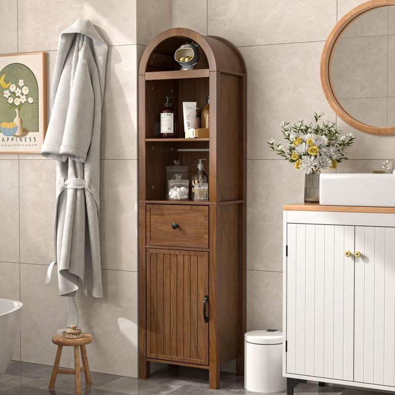 Ceviz MDF Yivli Kapaklı Çekmeceli Ceviz Banyo Dolabı-163x40x30 cm - 114082