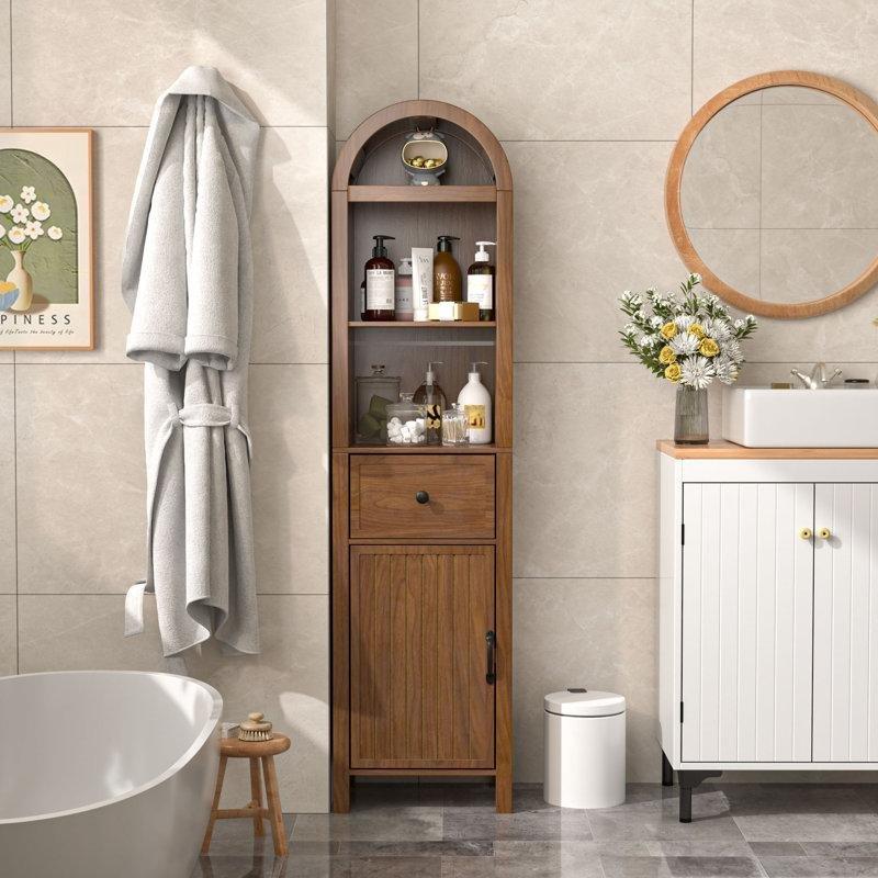 Ceviz MDF Yivli Kapaklı Çekmeceli Ceviz Banyo Dolabı-163x40x30 cm - 114082