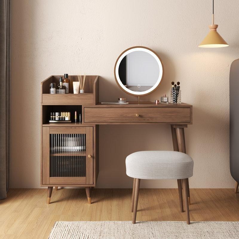 Ceviz Meşe Kaplama MDF LED Işıklı Dolaplı Makyaj Masası - 118 cm - 121474