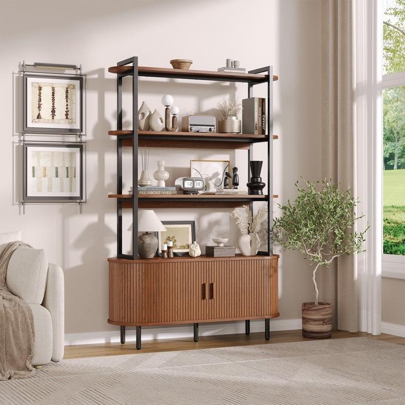 Ceviz Metal ve Endüstriyel Ahşap 4 Raflı Dolaplı Kavisli Kitaplık - 120x181 cm - 142153