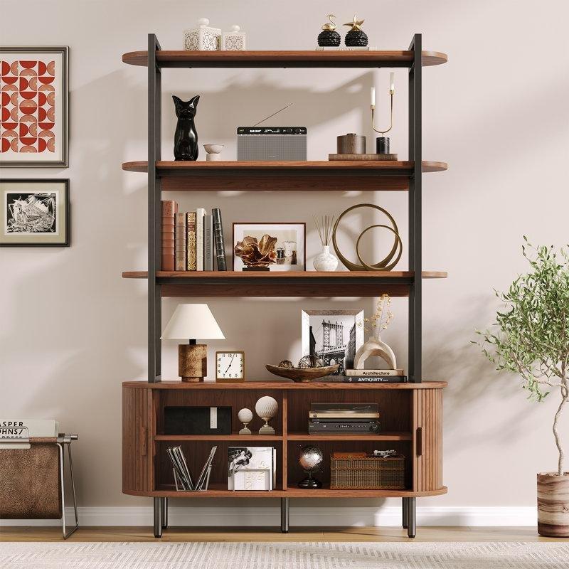 Ceviz Metal ve Endüstriyel Ahşap 4 Raflı Dolaplı Kavisli Kitaplık - 120x181 cm - 142153