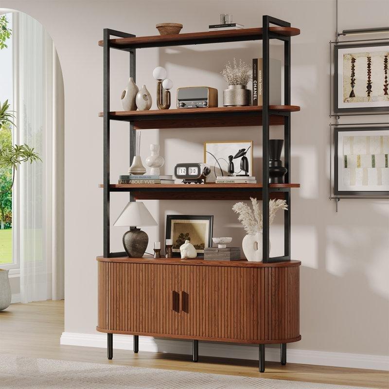 Ceviz Metal ve Endüstriyel Ahşap 4 Raflı Dolaplı Kavisli Kitaplık - 120x181 cm - 142153