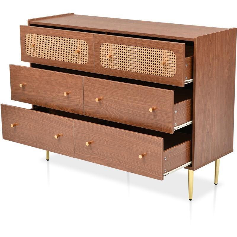 Ceviz Rattan ve Ahşap 6 Çekmeceli Metal Ayaklı Konsol - 120x40x90 cm - 129267