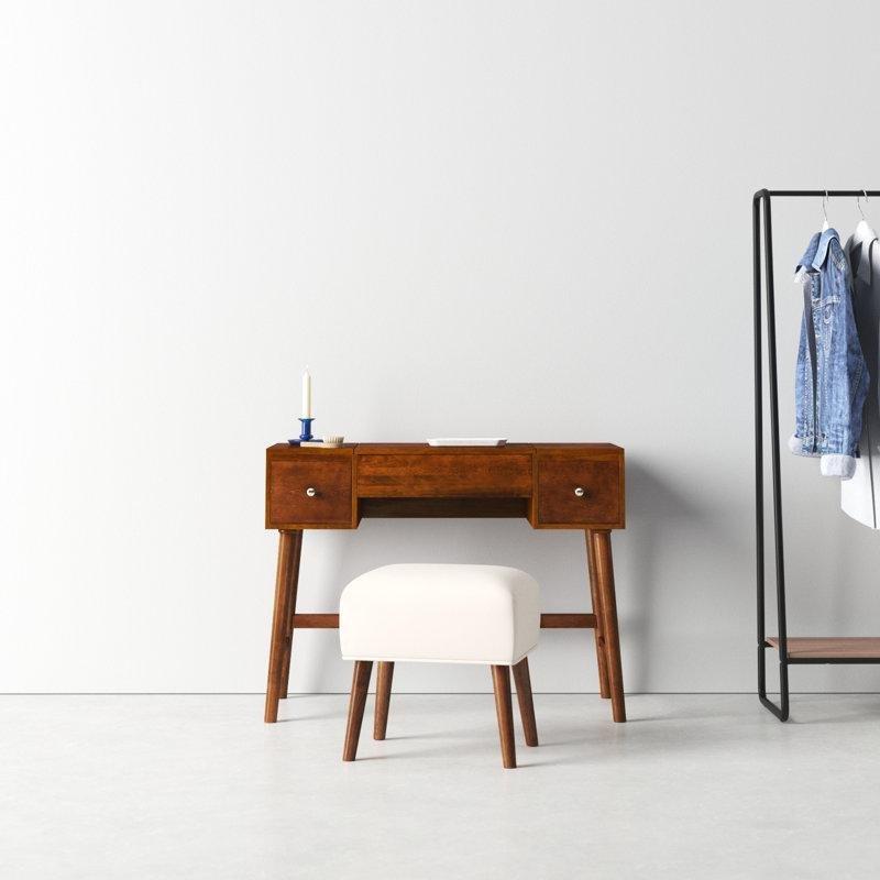 Ceviz Rengi Ahşap 2 Çekmeceli Açılır Aynalı Puf Dahil Makyaj Masası - 102x46x120 cm - 121864