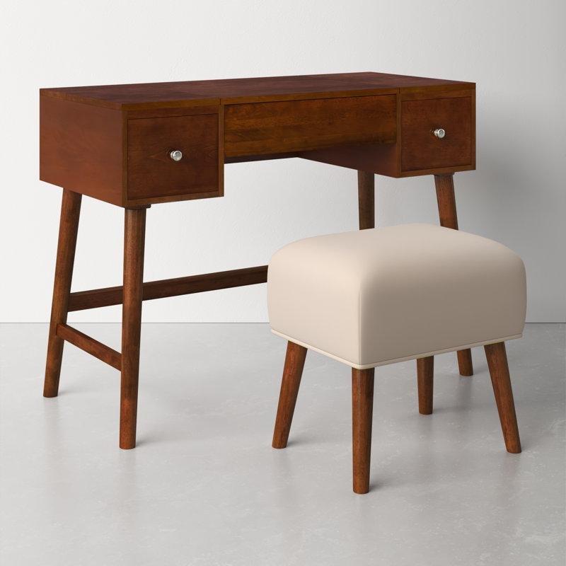 Ceviz Rengi Ahşap 2 Çekmeceli Açılır Aynalı Puf Dahil Makyaj Masası - 102x46x120 cm - 121864