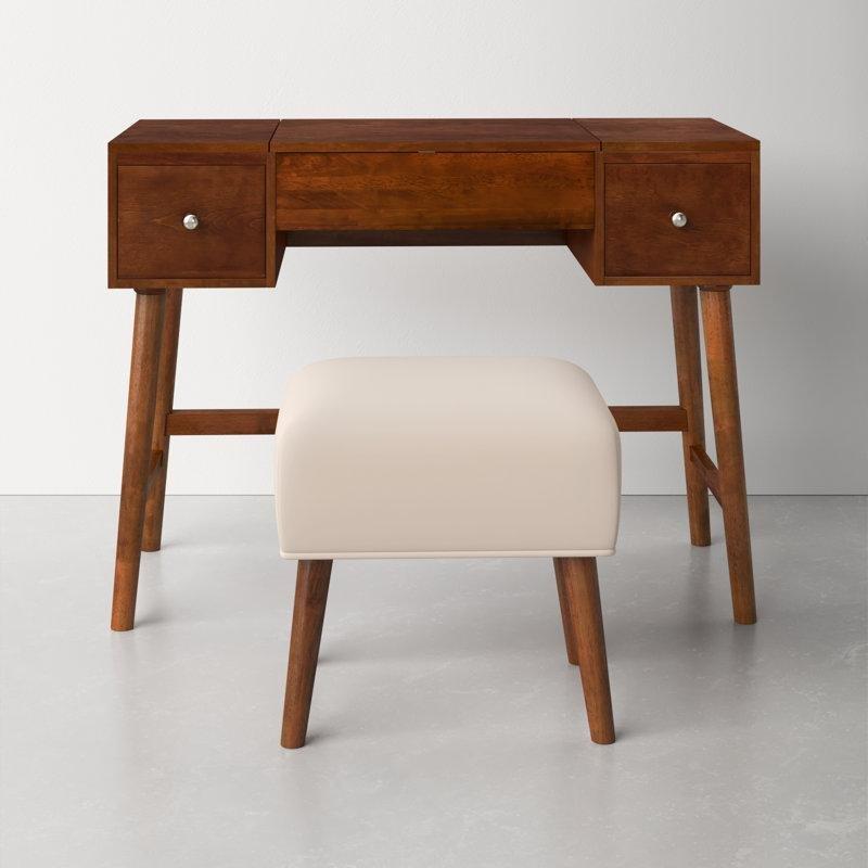 Ceviz Rengi Ahşap 2 Çekmeceli Açılır Aynalı Puf Dahil Makyaj Masası - 102x46x120 cm - 121864