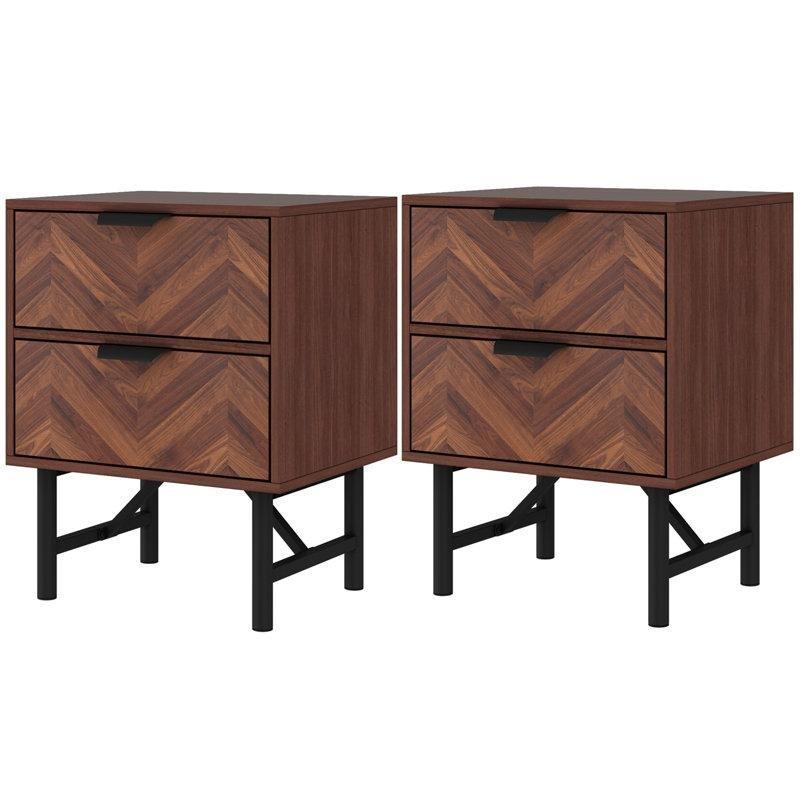 Ceviz Rengi Ahşap Balıksırtı Desenli Metal Ayaklı Komodin İkili Set - 48x40x61 cm - 127193