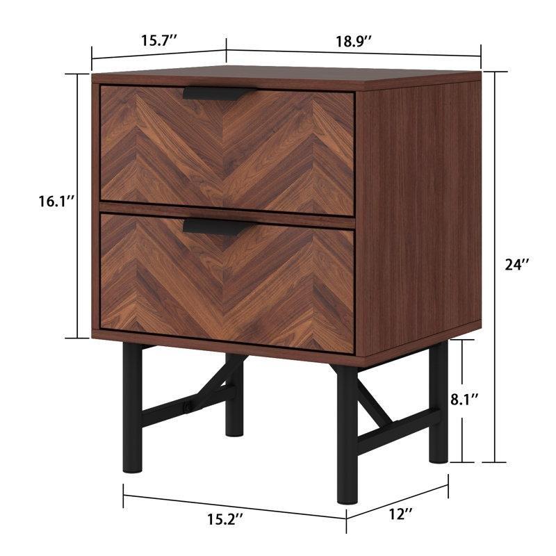 Ceviz Rengi Ahşap Balıksırtı Desenli Metal Ayaklı Komodin İkili Set - 48x40x61 cm - 127193
