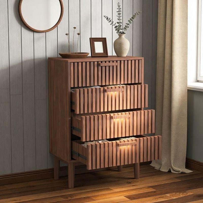 Ceviz Rengi Ahşap Dikey Çıta Tasarımlı 4 Çekmeceli Şifonyer - 60x34x91 cm - 123750