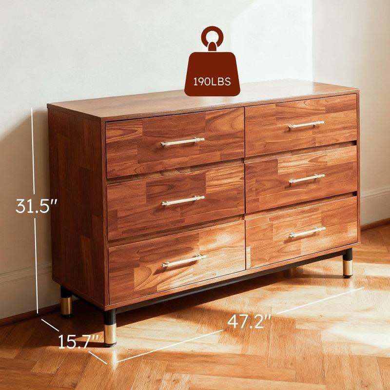 Ceviz Rengi Ahşap Gold Kulplu 6 Çekmeceli Şifonyer - 120x40x80 cm - 122785