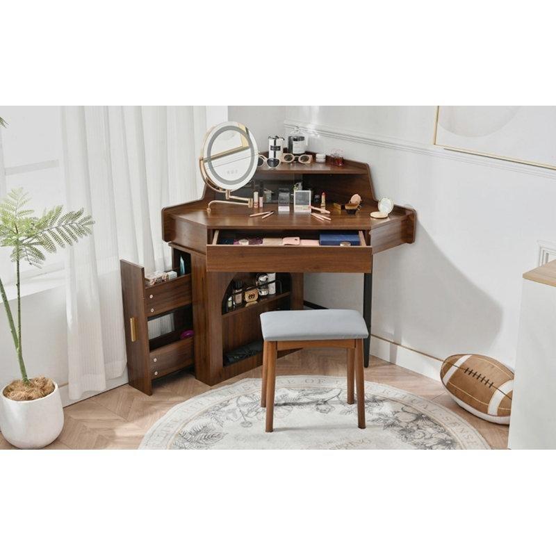 Ceviz Rengi Ahşap LED Işıklı ve Aynalı Köşe Makyaj Masası Seti - 142 cm - 121375