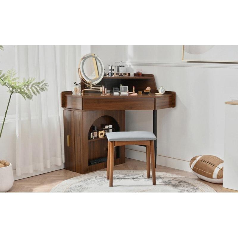 Ceviz Rengi Ahşap LED Işıklı ve Aynalı Köşe Makyaj Masası Seti - 142 cm - 121375