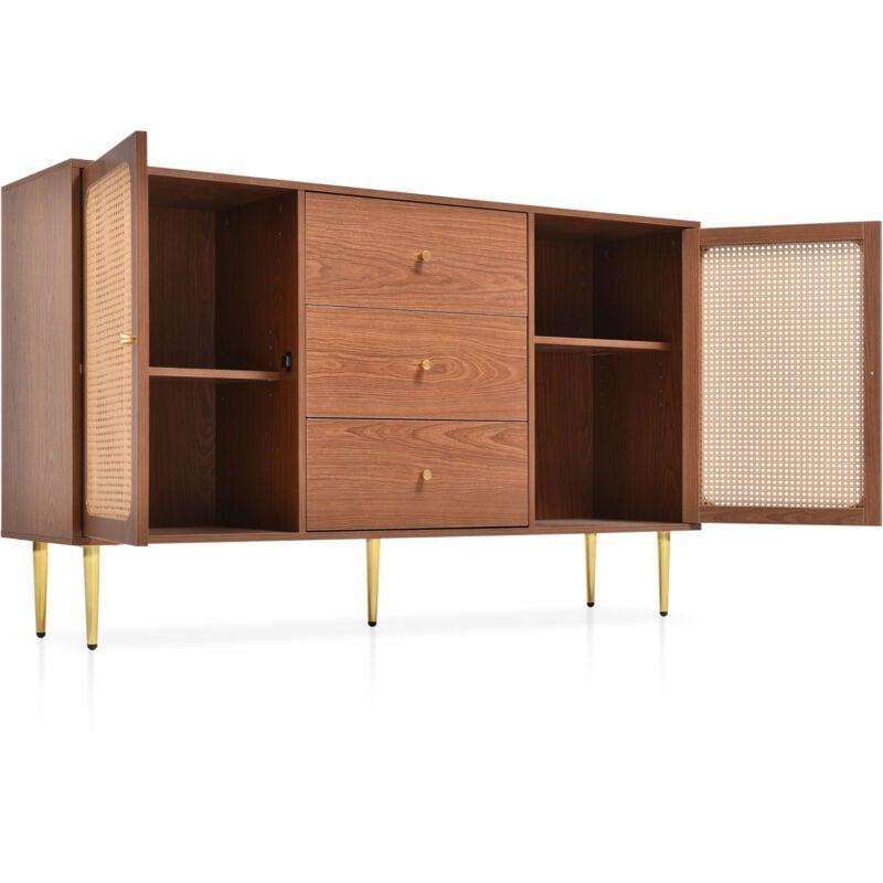 Ceviz Rengi Ahşap ve Hasır Detaylı 3 Çekmeceli 2 Kapaklı Şifonyer - 150x40x90 cm - 123367